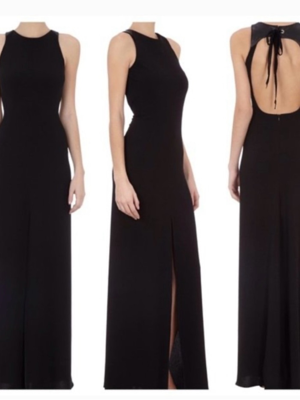 L’Agence Black Maxi Dress Leather Bow Neck Open Back Slit Front NWT
